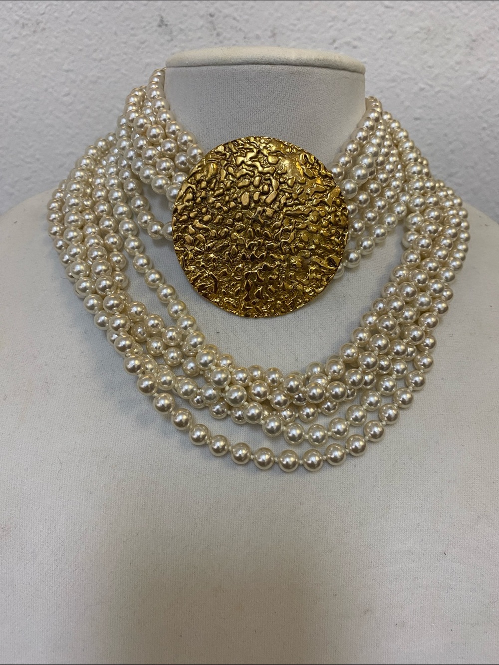 Multi-Strand Pearl Necklace with Gold Medallion 36” long - Picture 3 of 3